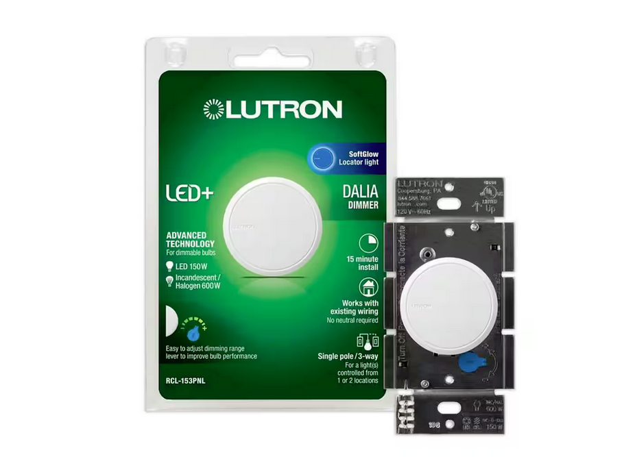 Dalia LED+ Illuminated Rotary Light Dimmer Switch, 150W LED Bulbs/Single-Pole or 3-Way, White (RCL-153PNLH-WH) - 91007422096