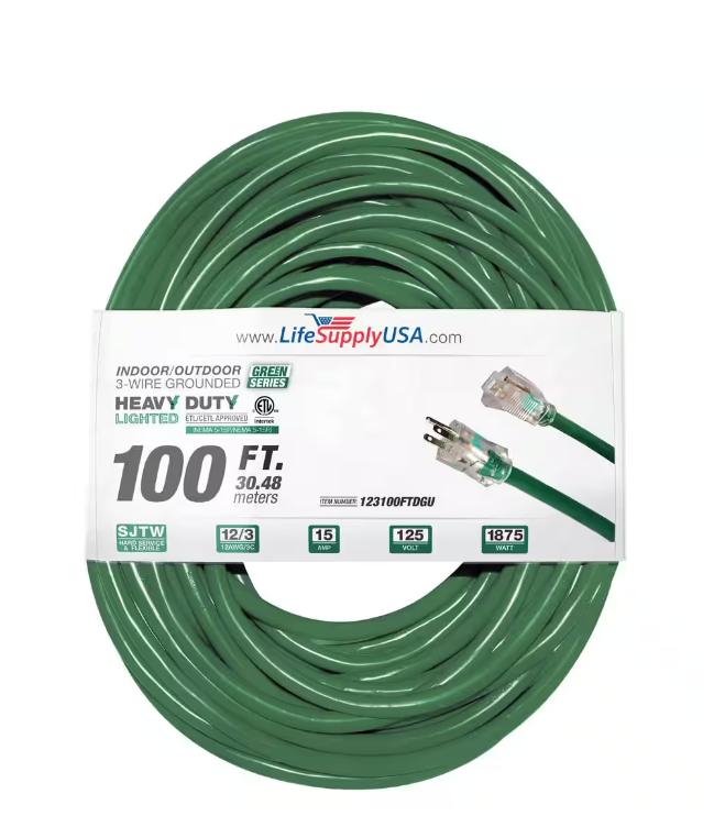 100 ft. 12-Gauge/3 Conductors SJTW Indoor/Outdoor Extension Cord with Lighted End Green (1-Pack) - 91011696039