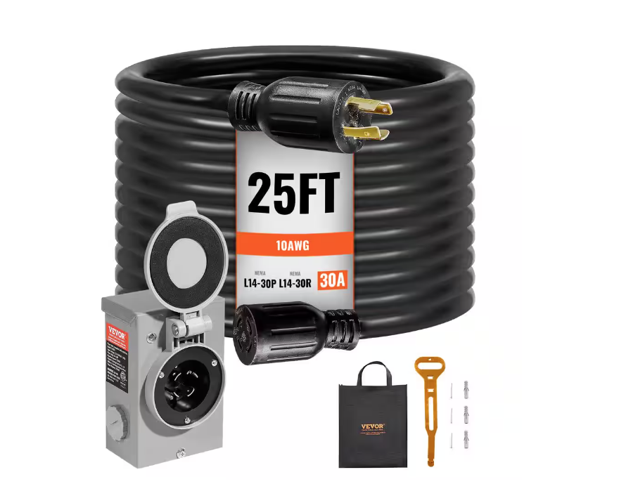 25 ft. 30 Amp 125-Volt Generator Extension Cord and Power Inlet Box Kit STW 10 AWG RV Generator Cord with Twist Lock - 91012168679