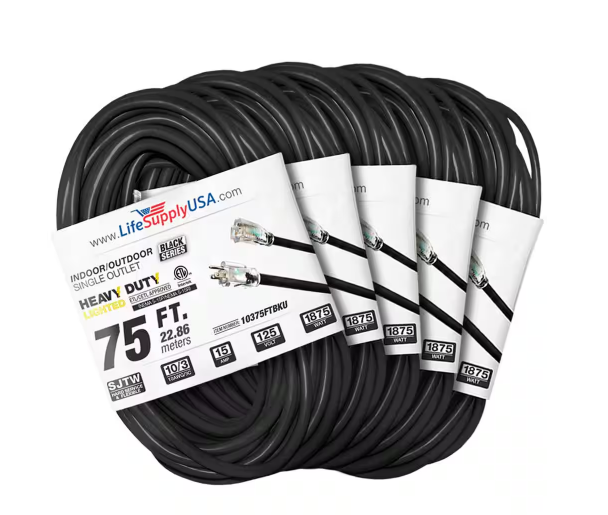 75 ft. 10-Gauge/3-Conductors SJTW Indoor/Outdoor Extension Cord with Lighted End Black (5-Pack) - 91012243747
