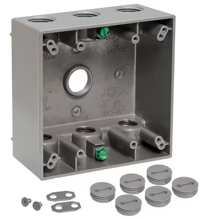 2-Gang Metal Weatherproof Electrical Outlet Box with (7) 1/2 inch Holes, Gray - 91010180310