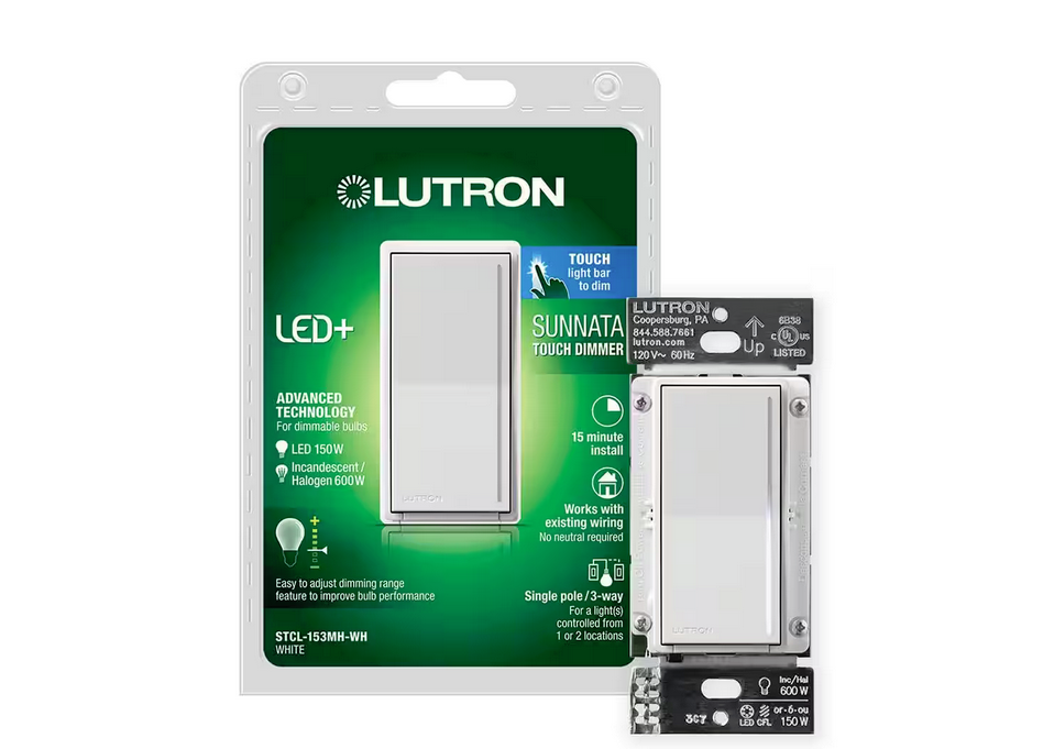 Sunnata Touch Dimmer Switch, for LED and Incandescent Bulbs, 150-Watt LED/3 Way or Multi Location, White (STCL-153MH-WH) - 91006809120