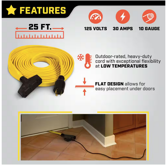 25 ft. 30 Amp 125-Volt Fan-Style Flat Generator Extension Cord - 91003060803
