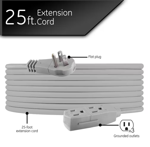 25 ft. 16/3 3-Outlet Office Extension Cord with Low-Profile Flat Plug, Gray - 91002968579