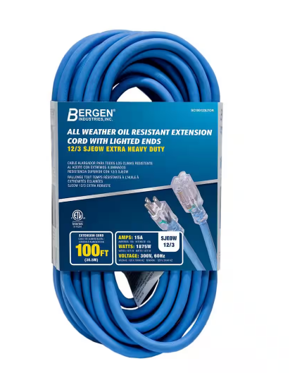 100 ft. 12/3 SJEOW 15 Amp/300-Volt All Weather Heavy-Duty Farm and Shop Extension Cord with Lighted End - 91009422845