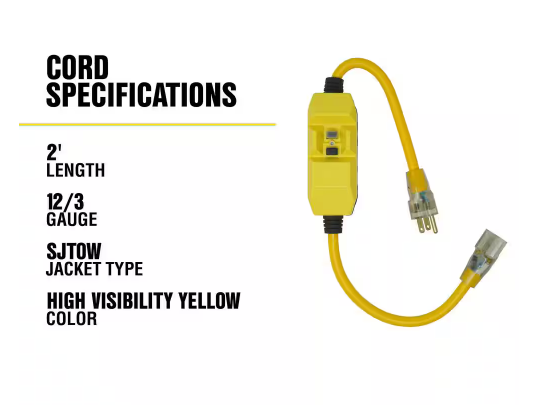 2 ft. 12/3 SJTW In-Line GFCI Heavy-Duty Cord with Power Light Plug - 91000496819