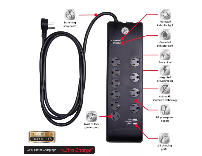10-Outlet 2 USB Port Premium Surge Protector