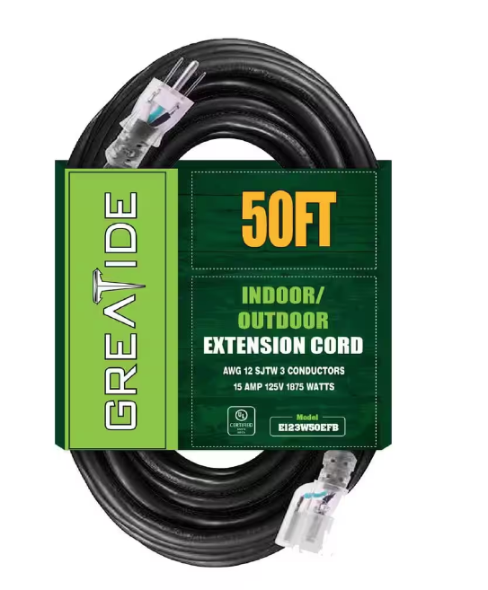 50 ft. 12/3 Heavy Duty Outdoor Extension Cord with 3 Prong Grounded Plug-15 Amps Power Cord Black - 91010997066