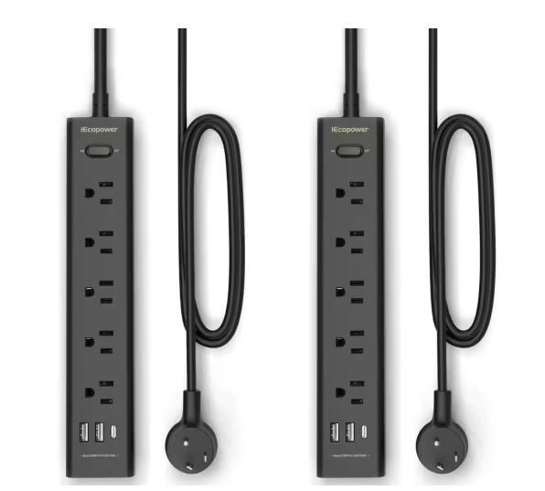 5-Outlet Power Strip Surge Protector with 3 USB Ports and 10 ft. Long Extension Cord, Black (2-Pack) - 91011701815