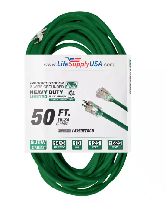 50 ft. 14-Gauge/3 Conductors SJTW 15 Amp Indoor/Outdoor Extension Cord with Lighted End Green (1-Pack) - 91011843065