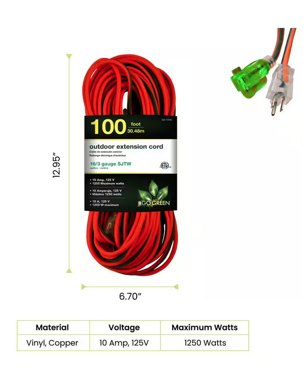 100 ft. 16/3 SJTW Outdoor Extension Cord - Orange with Lighted Green Ends - 91001271066