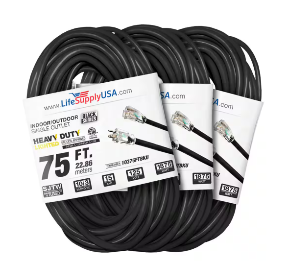 75 ft. 10 Gauge/3 Conductors SJTW Indoor/Outdoor Extension Cord with Lighted End Black (3-Pack) - 91012217839