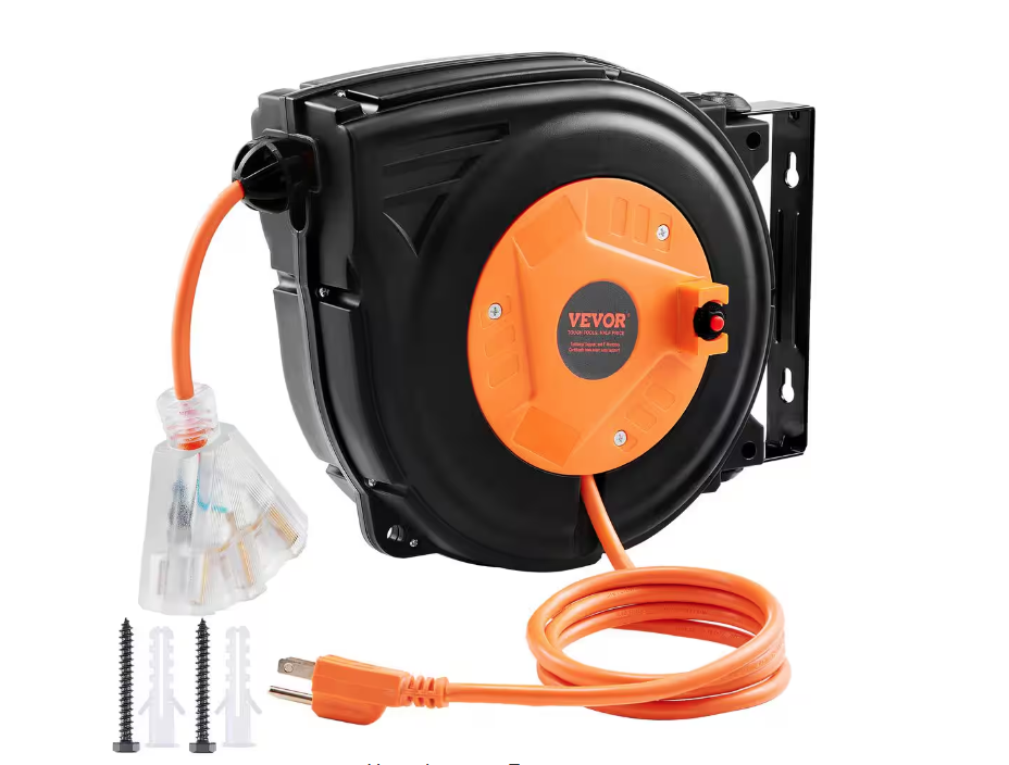 30 ft. 16 AWG/3C 10 Amp Retractable Extension Cord Reel SJTOW Power Cord with Lighted Tri-Tap end Outlet Circuit Breaker - 91010668568