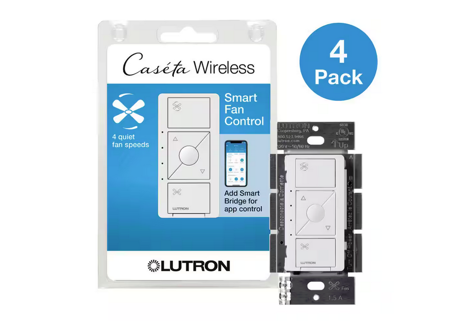 Caseta Smart Fan Speed Control, for Pull Chain Fans, 1.5-Amp/Single Pole, White (PD-FSQN-WH-R-4) (4-Pack)