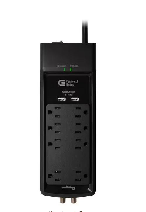 6 ft. 8-Outlet Surge Protector with Coax and USB, Black - 91001338500