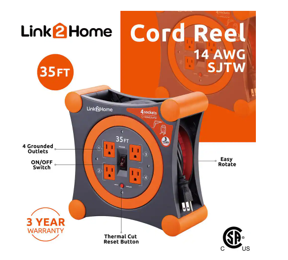 35 ft. 14/3 Extension Cord Storage Reel with 4 Grounded Outlets and Overload Protection - 91004298183