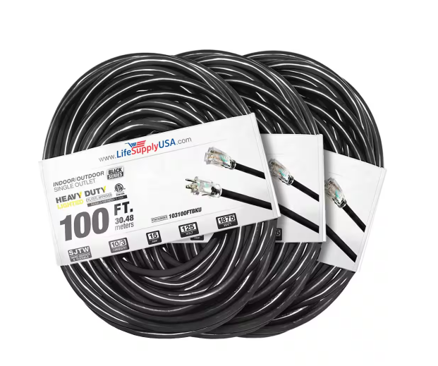 100 ft. 10 Gauge/3 Conductors SJTW Indoor/Outdoor Extension Cord with Lighted End Black (3-Pack) - 91012217964