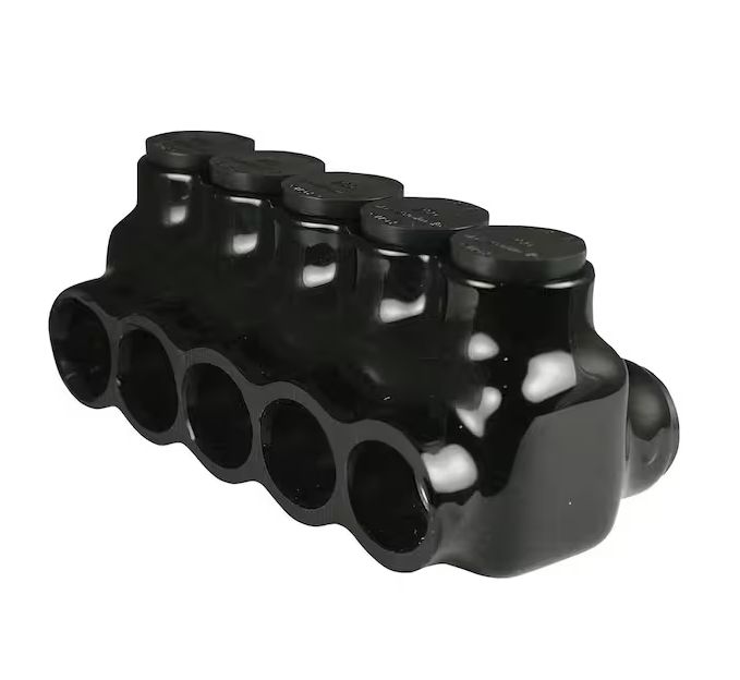 6 AWG - 250 MCM 600-Volt 5-Ports Multi Tap Connector Insulated Dual Sided, Black
