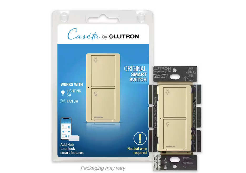 Caseta Smart Switch for Lights or Fans, 6 Amp, Push Button Light Switch Neutral Wire Required, Ivory (PD-6ANS-IV) - 91001608761
