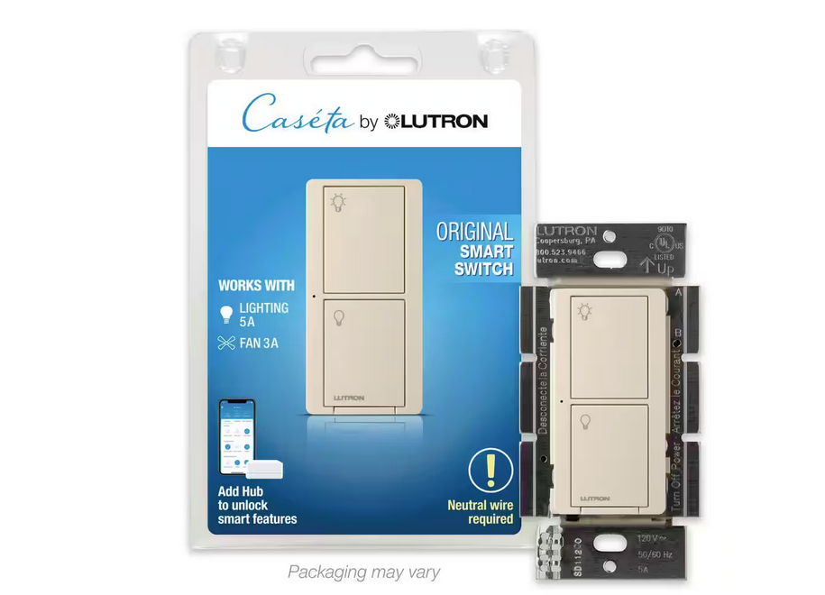 Caseta Smart Switch for Lights or Fans, 6 Amp, Push Button Light Switch Neutral Wire Required, Light Almond (PD-6ANS-LA) - 91001608760