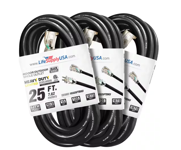 25 ft. 10 Gauge/3 Conductors SJTW Indoor/Outdoor Extension Cord with Lighted End Black (3-Pack) - 91012217836