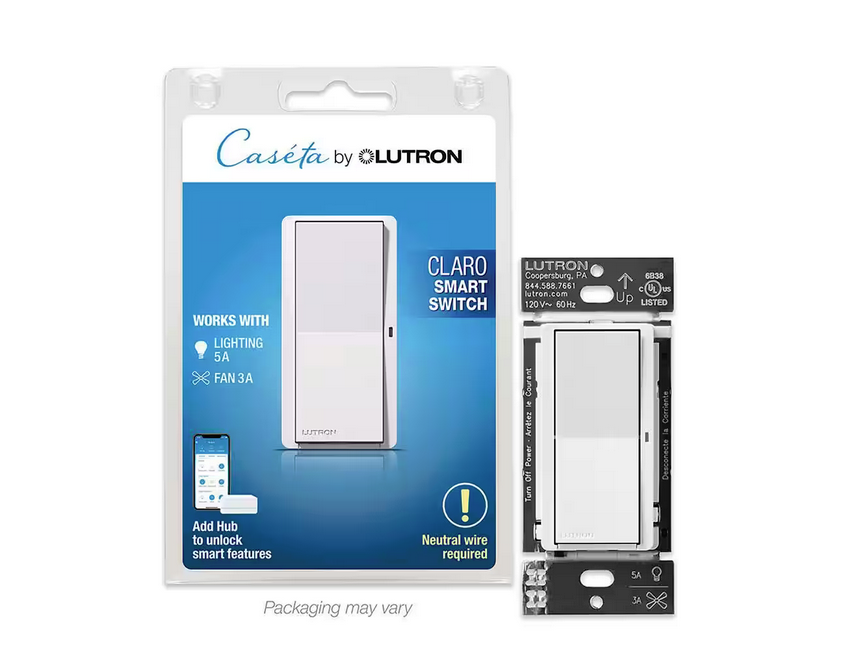 Claro Smart Switch for Caseta, On/Off Control of Lights/Fans, 5-Amp/Neutral Wire Required, White (DVRF-5NS-WH-R) - 91008057470