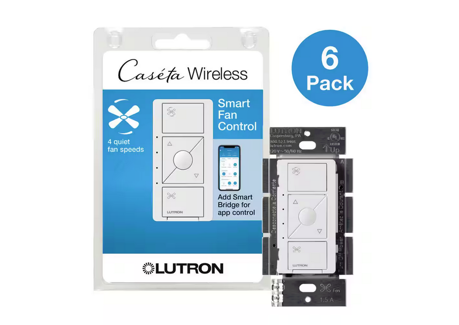 Caseta Smart Fan Speed Control, for Pull Chain Fans, 1.5-Amp/Single Pole, White (PD-FSQN-WH-R-6) (6-Pack)