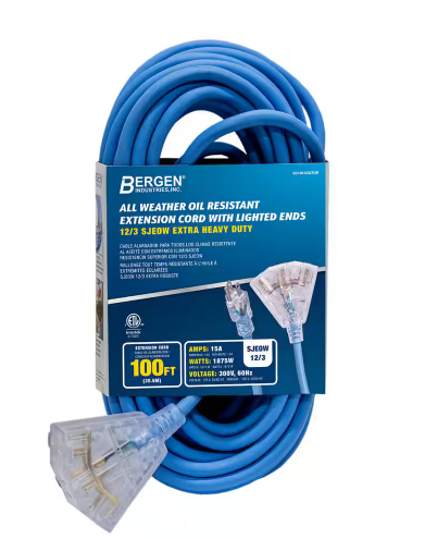 100 ft. 12/3 SJEOW 15 Amp/300-Volt All Weather Heavy-Duty Farm and Shop Extension Cord with Triple Tap Lighted End - 91009422852
