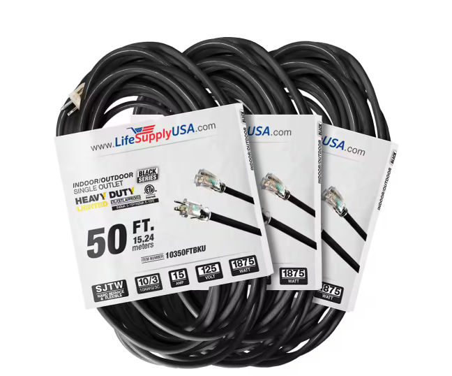 50 ft. 10 Gauge/3 Conductors SJTW Indoor/Outdoor Extension Cord with Lighted End Black (3-Pack) - 91012221093