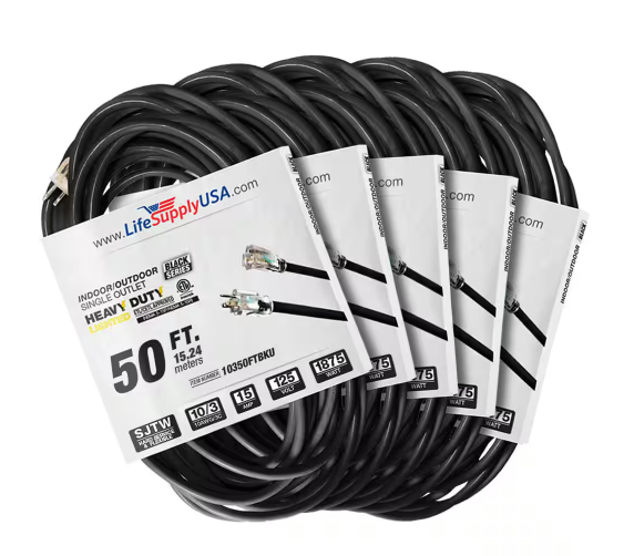 50 ft. 10-Gauge/3-Conductors SJTW Indoor/Outdoor Extension Cord with Lighted End Black (5-Pack) - 91012243671