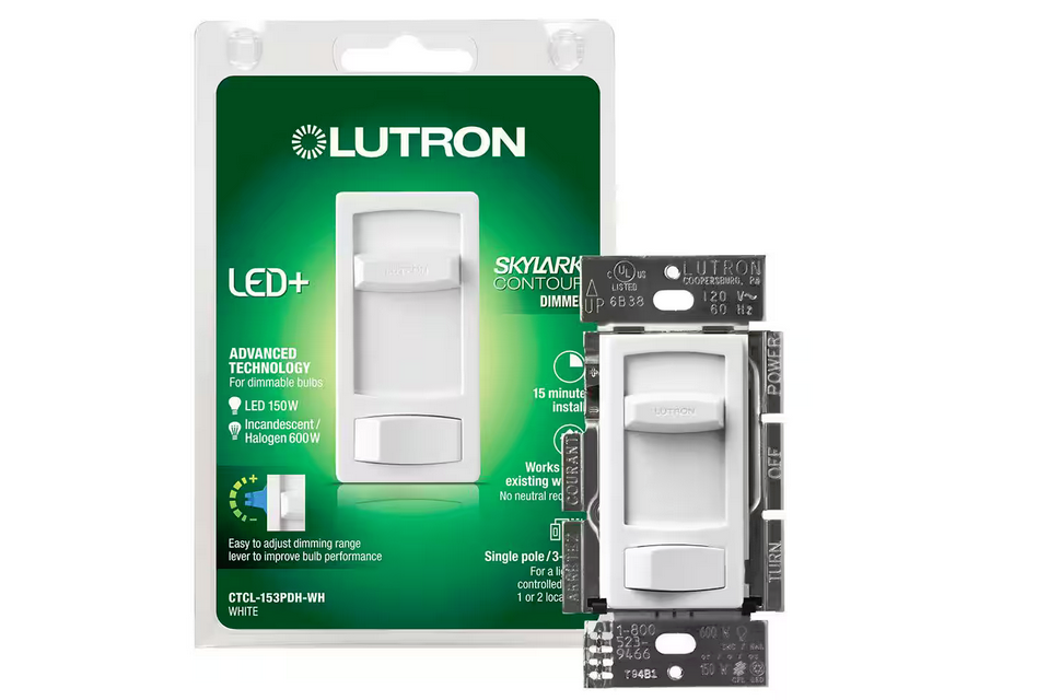 Skylark Contour LED+ Dimmer Switch for LED and Incandescent Bulbs, 150-Watt/Single-Pole or 3-Way, White (CTCL-153PDH-WH)