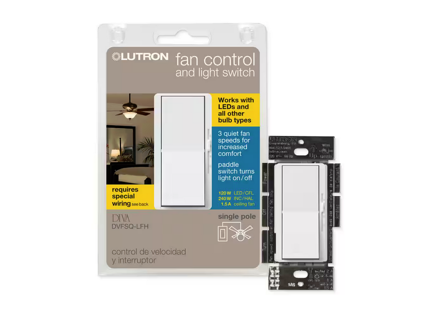 Diva 3-Speed Fan Control and Light Switch, Single-Pole/3-Way, 1.5A Fan/1A LED, White (DVFSQ-LFH-WH) - 91002502661