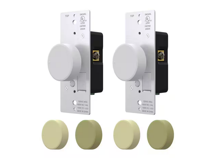 Rotary Dimmer Switch with Night Indicator Light, Push On/Off, Single Pole/ 3-Way, White/Ivory/light Almond (2-Pack) - 91006608238