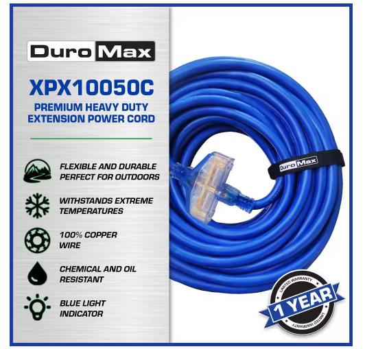 50 ft. 10/3 SJEOOW 15 Amp 120-Volt 1875-Watt Indoor/Outdoor -58° F - 221° F Triple Tap Blue Lighted Extension Power Cord - 91011829847