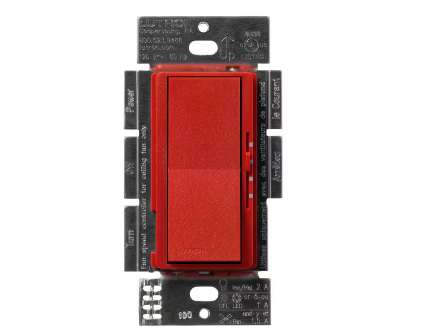Diva 3-Speed Fan Control and Light Switch, Single-Pole/3-Way, 1.5A Fan/1A LED, Signal Red (DVSCFSQ-LF-SR) - 91009500862