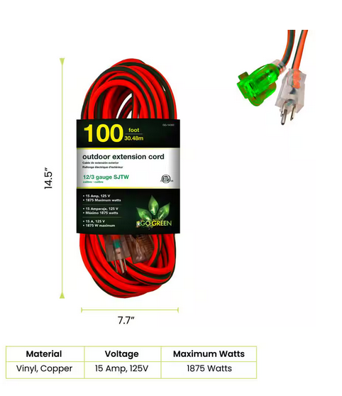 100 ft. 12/3 SJTW Extension Cord - Orange with Lighted Green End - 91001271075