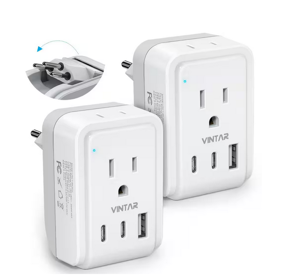 3.4 Amp. Grounded Plug Travel Adapter with 2 AC Outlets 3 USB Ports 2 USB C Outlet Plug for US to Brazilian (2-Pack) - 91012130862