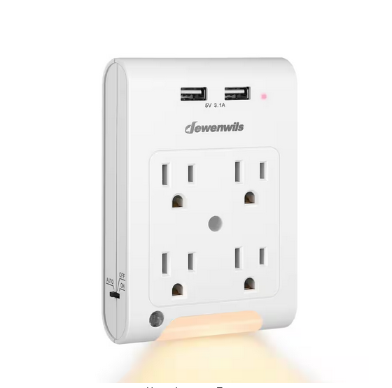 Grounding 4-Outlet Wall Adapter AC/DC Adapter with Night Light, 1080 Joules Surge Protector, White, (1-Pack) - 91012166189