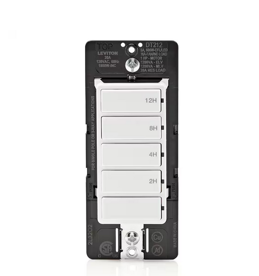 Decora 20 Amp 12-Hour Indoor In-Wall Countdown Timer Switch, 1 HP/16 Amp Fan/Motor, Single Pole/Multi-Way, White - 91010072600