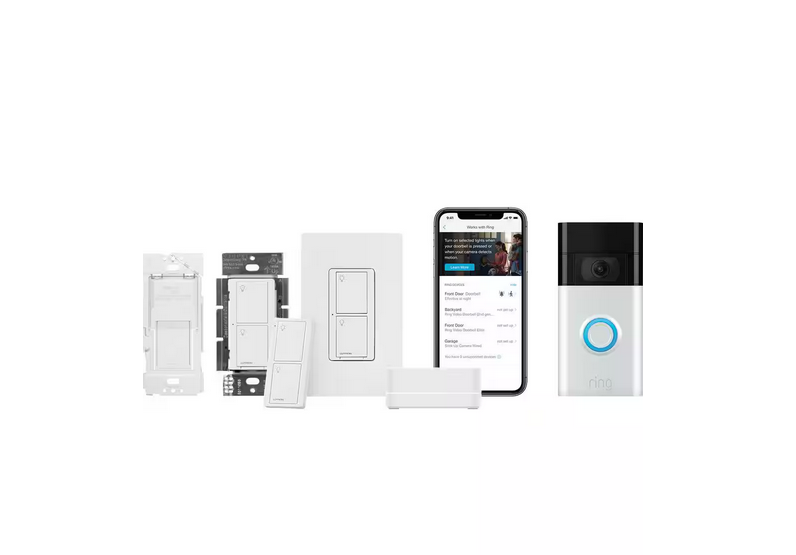 Caseta Smart Switch (2 Count, Neutral Req.) Kit w/Ring 1080p Smart Doorbell, Satin Nickel (2020 Ver.) (PRBDG-PKG2WS-WH) - 9005961583