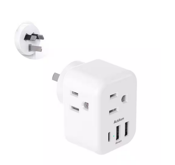 3.1 Amp. Grounded Plug Travel Adapter with 3 American Outlet 3 USB Ports 1 USB C Type I Plug Adapter for US to Australia - 91012166203