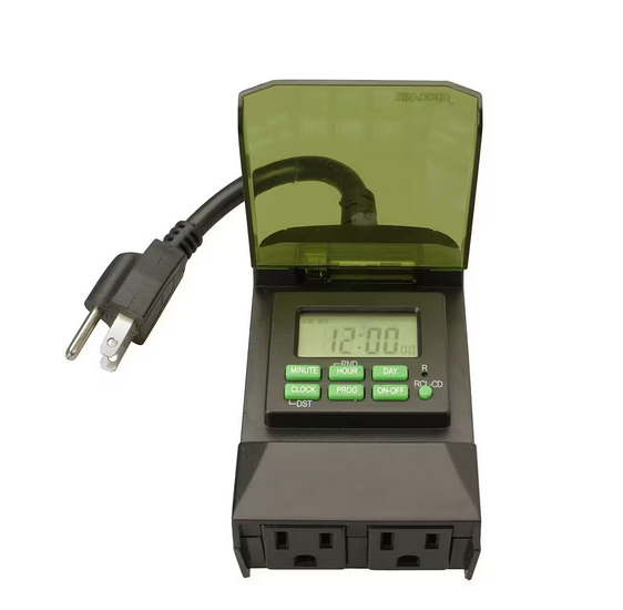 15-Amp 7-Day Outdoor Plug-In Dual-Outlet Digital Timer, Black