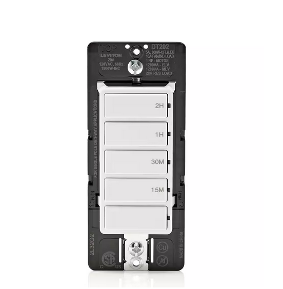 Decora 20 Amp 2-Hour Indoor In-Wall Countdown Timer Switch, 1 HP/16 Amp Fan/Motor, Single Pole/Multi-Way, White - 91010072596