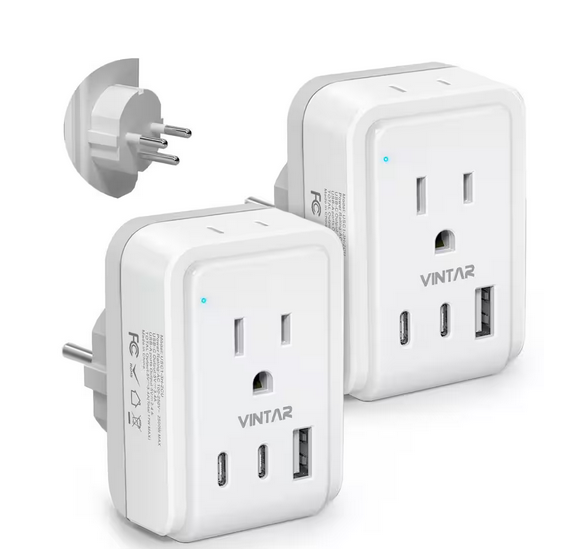 3.4 Amp. Grounded Plug Travel Adapter with 3 USB Ports 2 USB C and 2 Outlets 5 in 1 Type H Travel Adapter (2-Packs) - 91012130861