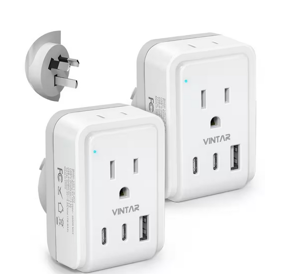 3.4 Amp. Grounded Plug Travel Adapter with 2 American Outlets 3 USB Ports 2 USB C 5 in 1 Type I Travel Adapter (2-Packs) - 91012140263