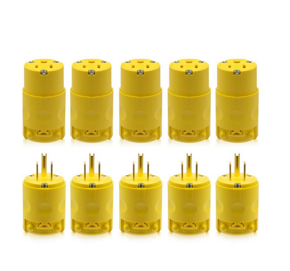 Straight Blade Plug and Connector Set, 15 Amp 125-Volt NEMA 5-15P NEMA 5-15R 2 Pole 3 Wire Grounding, Yellow (5-Set) - 91008411932