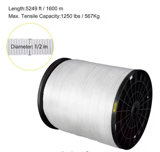 Polyester Pull Tape 1053 ft. x 1/2 in. Flat Tape 1250 lbs. Capacity Flat Rope for Wire & Cable Conduit Work, White -  91008150965