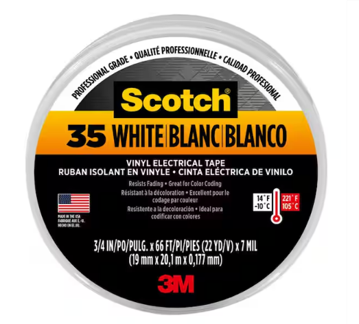 Scotch 0.75 in. x 66 ft. x 7 mil #35 Electrical Tape, White (Case of 10) - 91003994328