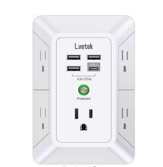 5-Outlet Extender USB Wall Charger Adapter Spaced for Home, Travel, Office - 91010620657