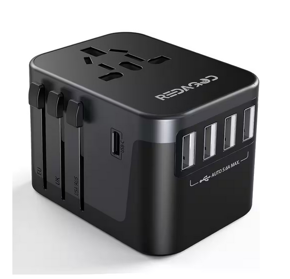 8 Amp Universal Travel Adapter with 4 USB A 1 USB C Ports, AC Power Plug Converter in Black - 91012027341
